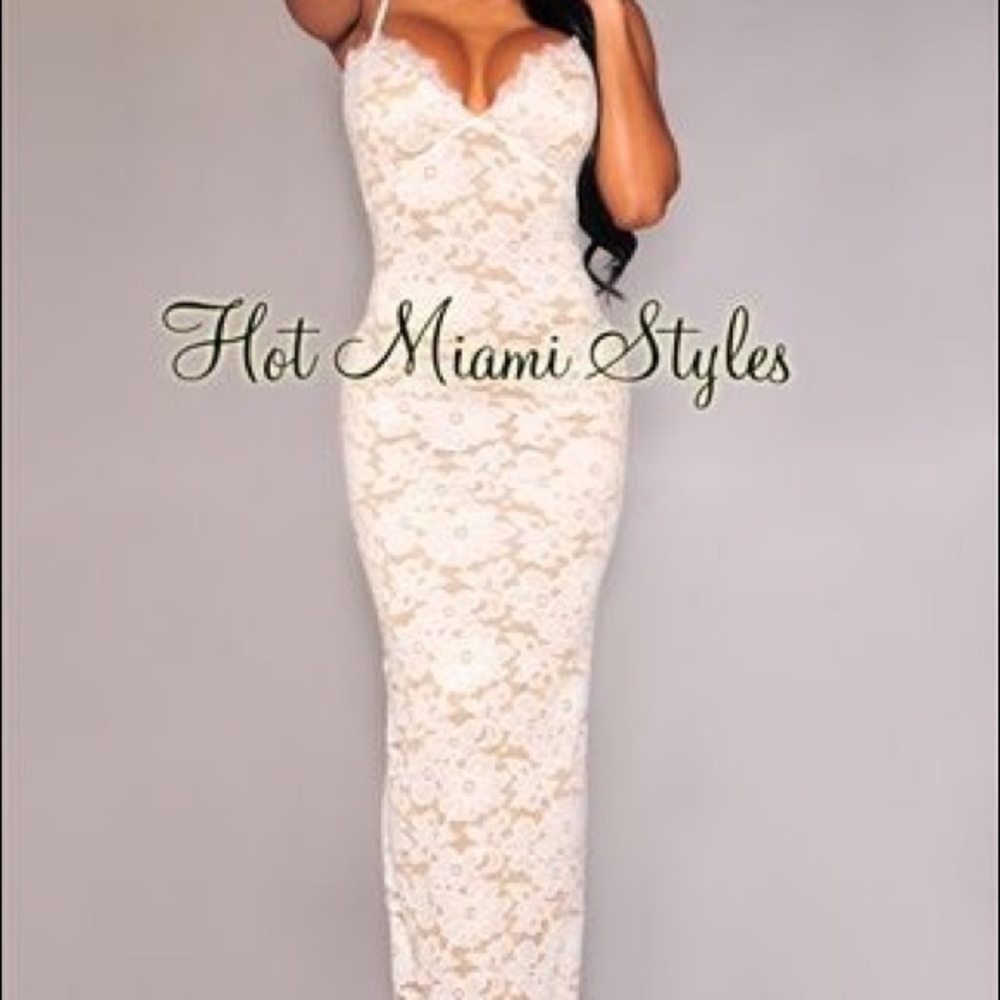 Thin strapped, white lace/nude illusion dress, S